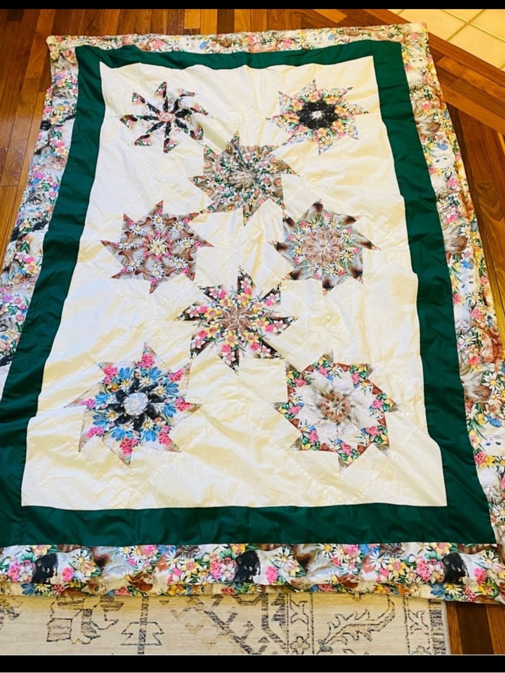 Vintage Handmade Cat Quilt 74” x 52”